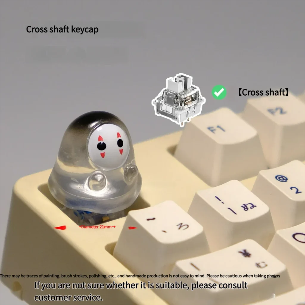 Close-up views of a cute handmade glowing No-Face keycap from various angles, highlighting its translucent 3D form and ethereal glow on a mechanical keyboard.