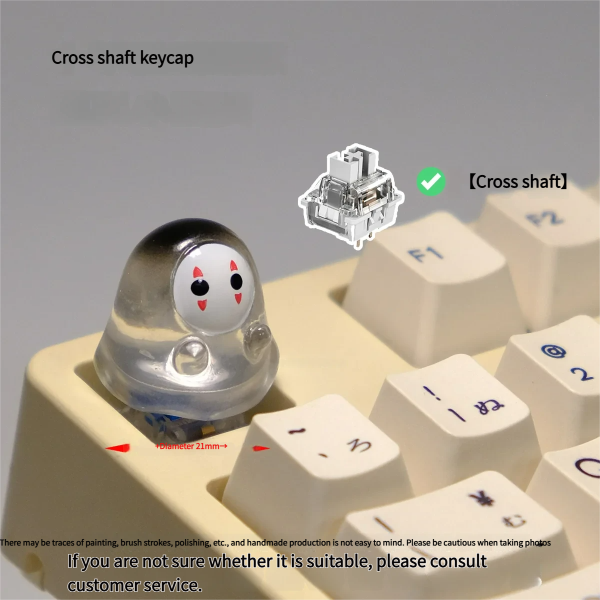 Close-up views of a cute handmade glowing No-Face keycap from various angles, highlighting its translucent 3D form and ethereal glow on a mechanical keyboard.