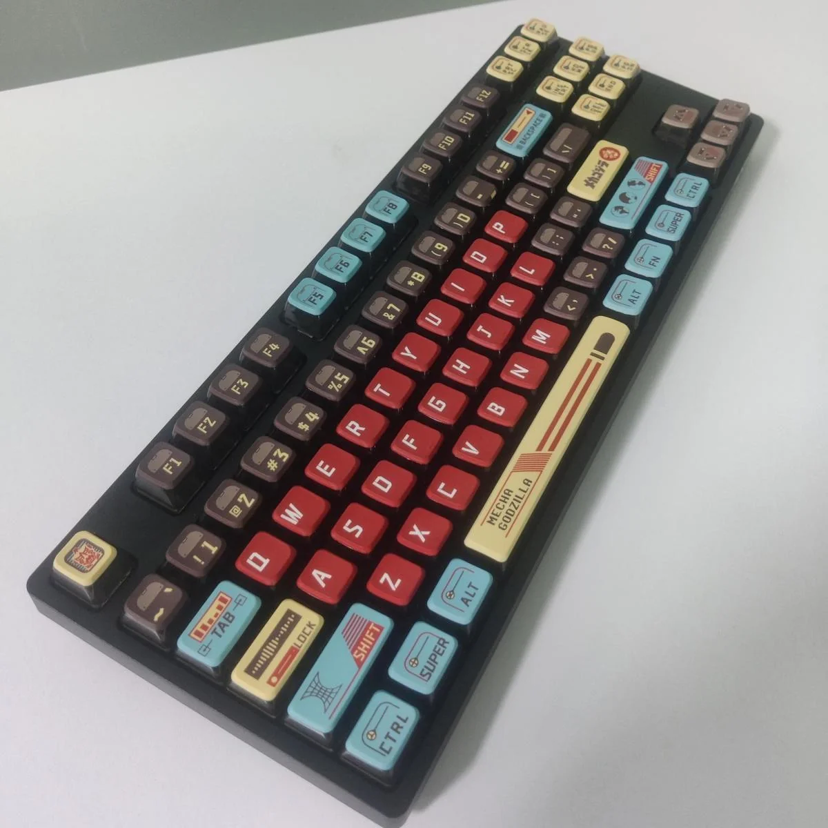 Close-up of a premium Godzilla backlit keycap set, showcasing intricate mechanical details and vibrant translucent elements, glowing brightly for an epic design.