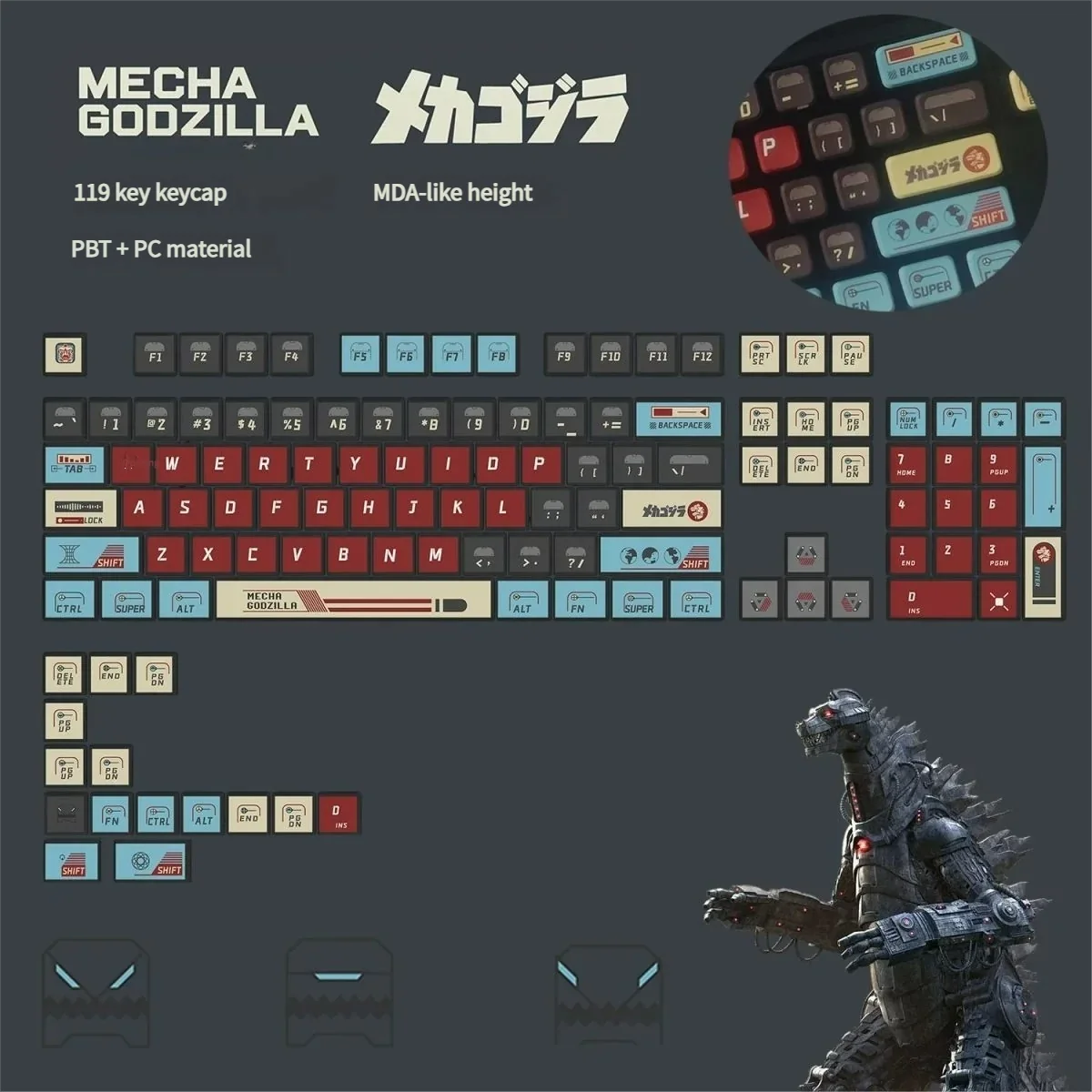 Godzilla backlit keycaps set, viewed from a unique angle, reveal intricate mechanical details and vibrant translucent elements. Premium keycap set for epic design.