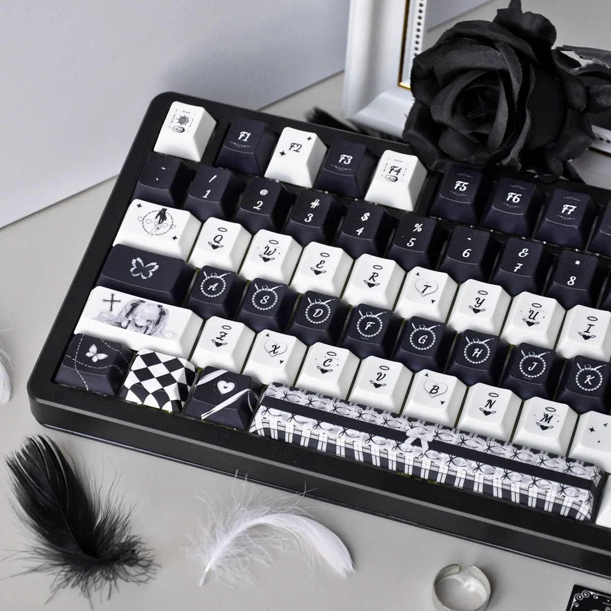 Gothic Lace PBT Keycap Set images show intricate black lace patterns, dreamlike gothic motifs, and the unique design from multiple angles.