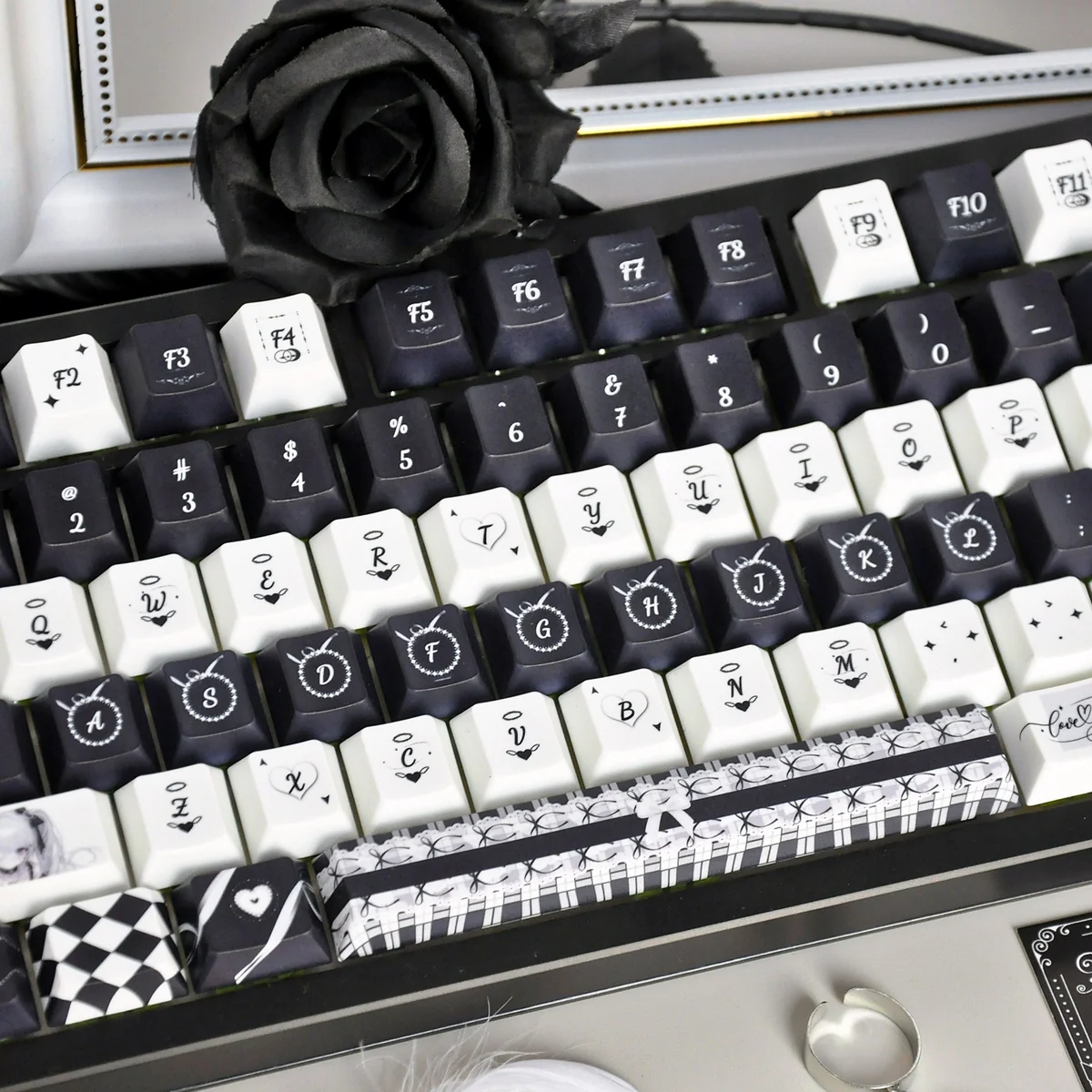 Gallery of the Gothic Lace PBT Keycap Set, revealing its unique intricate black lace patterns and dreamlike gothic motifs from diverse angles.