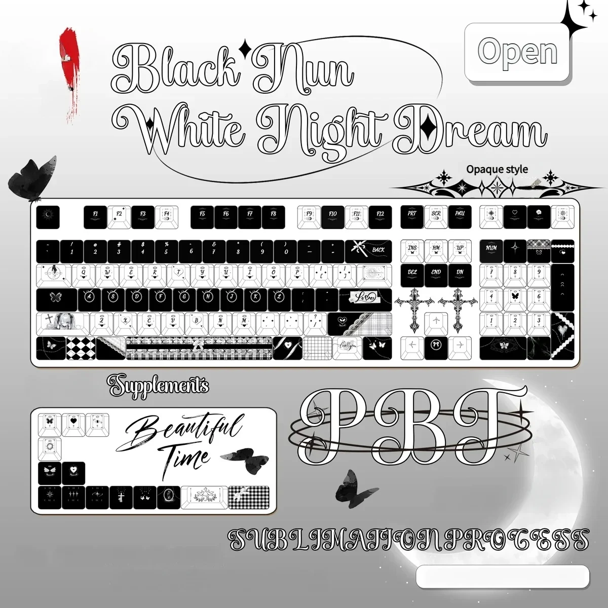 Gothic Lace PBT Keycap Set, White Night Dream. Intricate black lace patterns from various angles, highlighting the elegant gothic aesthetic.