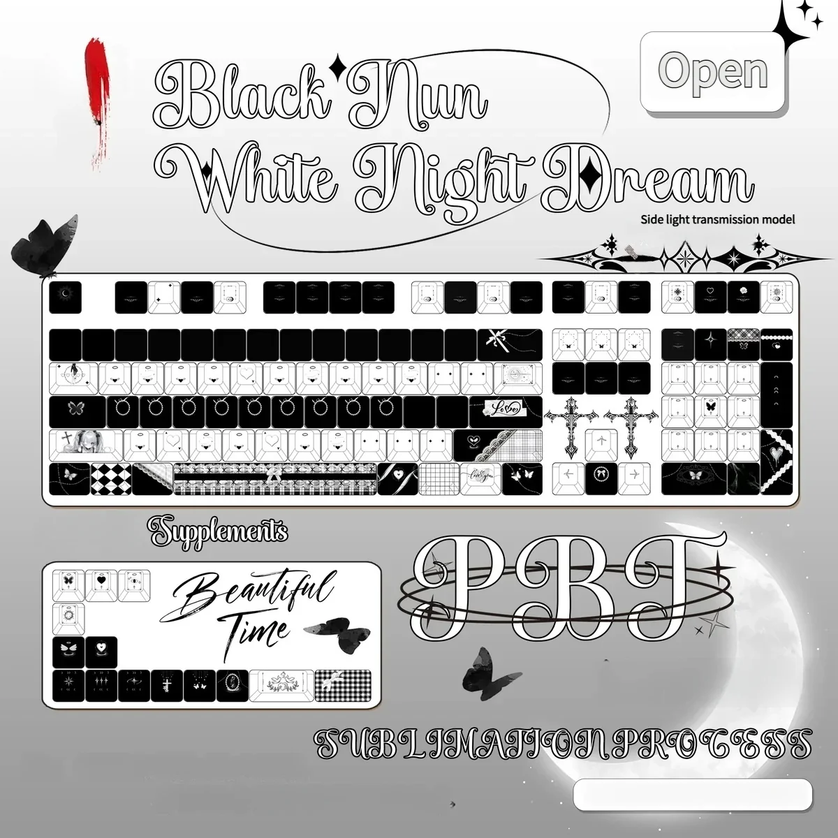 White gothic lace PBT keycap set with intricate black patterns, featuring a unique side-lit design for an elegant, dreamlike aesthetic.