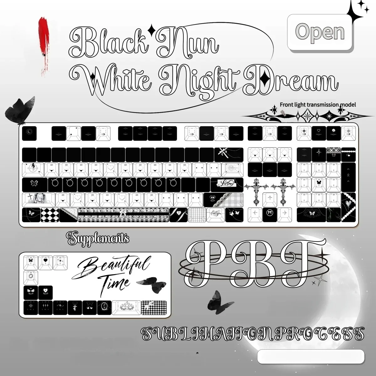 Close-up of a square, front-light PBT keycap set from the Gothic Lace 'White Night Dream' set, featuring delicate, illuminated gothic lace patterns.