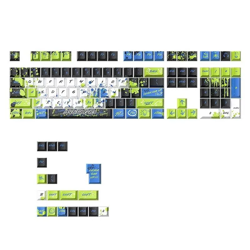 Vibrant urban art graffiti PBT keycaps set from multiple angles, showcasing dynamic street art designs and spray paint aesthetics.