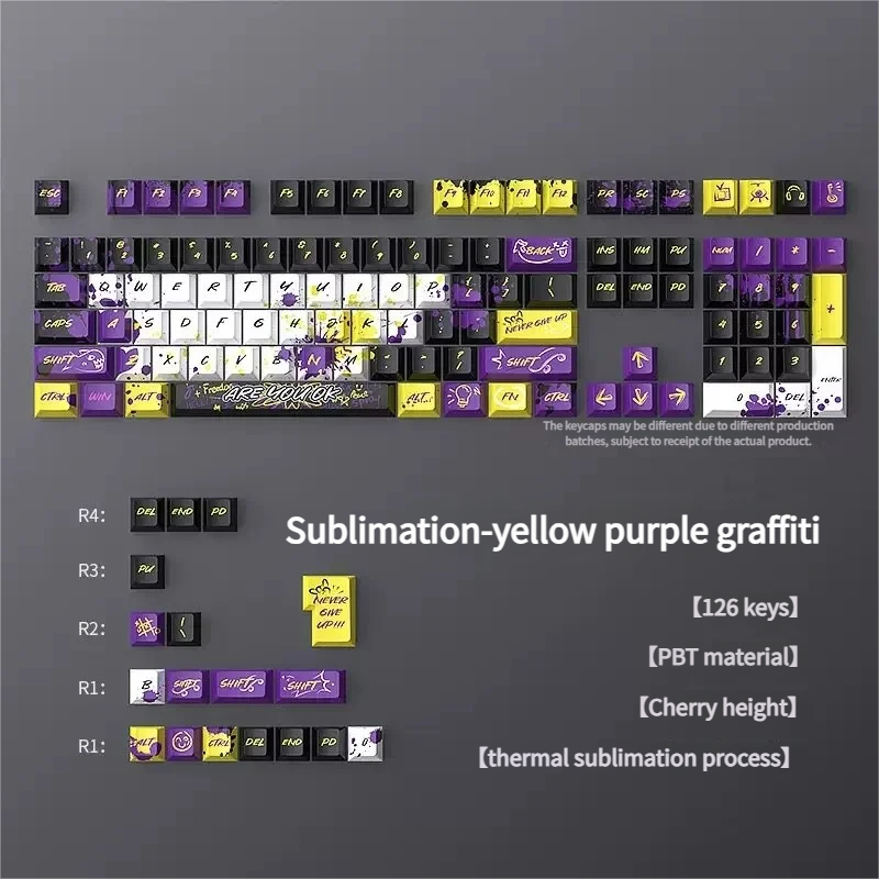 Vibrant yellow and purple graffiti PBT keycaps set, a 126-key set capturing dynamic urban street art and playful spray paint aesthetics.