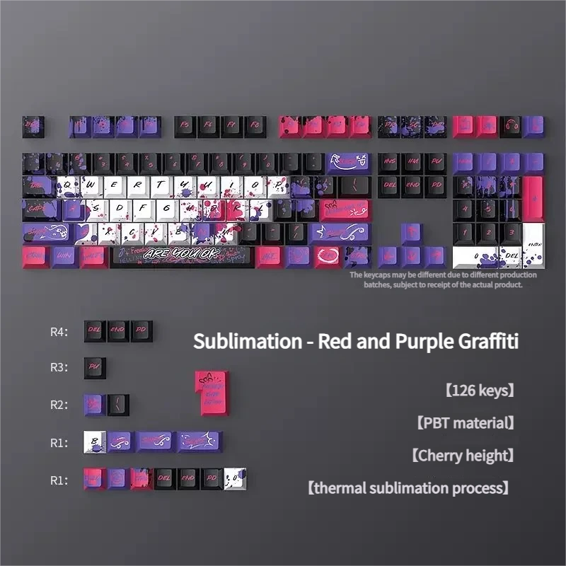 Vibrant red and purple graffiti PBT keycaps set, a 126-key original height set featuring dynamic urban street art aesthetics, presented in a box.