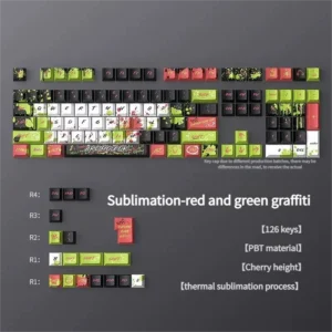 Vibrant red and green graffiti PBT keycaps set showcasing dynamic urban street art, a 126-key Cherry profile set for an artistic keyboard aesthetic.
