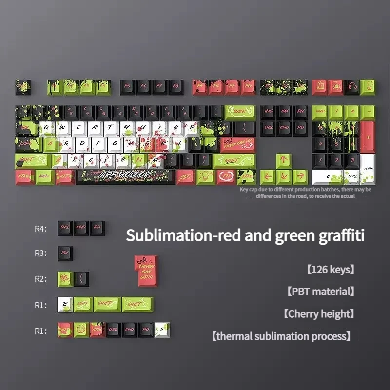 Vibrant red and green graffiti PBT keycaps set showcasing dynamic urban street art, a 126-key Cherry profile set for an artistic keyboard aesthetic.