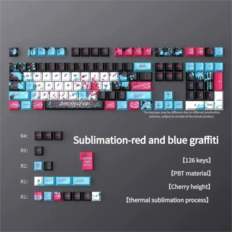 Vibrant red and blue graffiti PBT keycaps set, a 126-key Cherry profile set, capture dynamic urban street art with playful spray paint aesthetics, boxed.