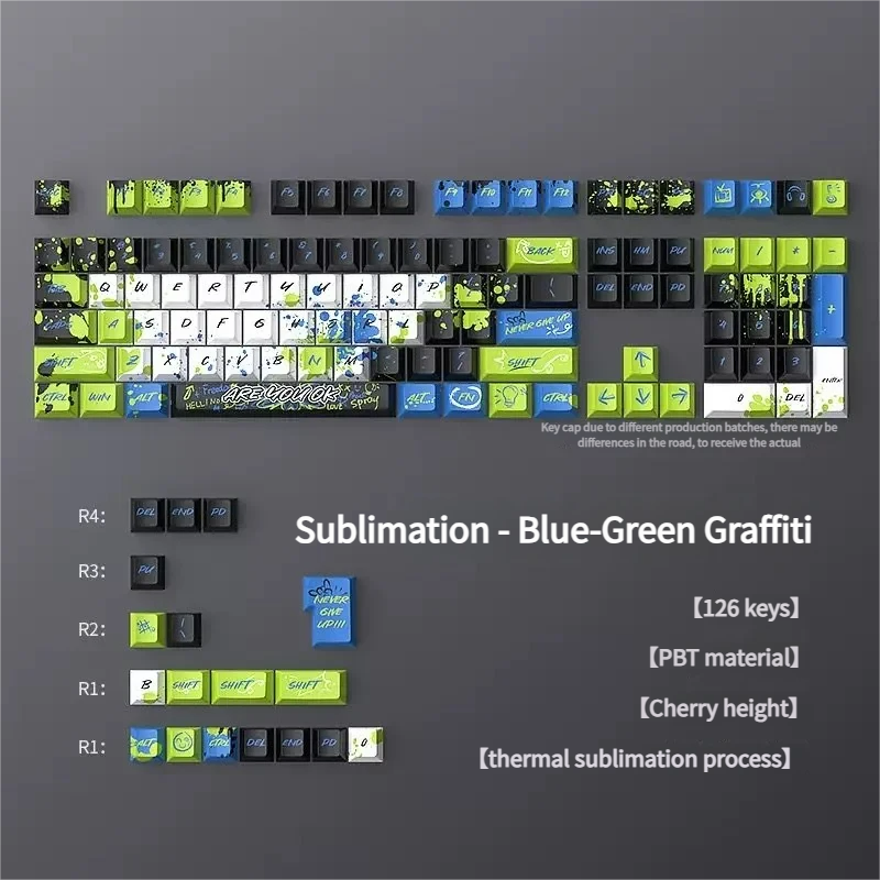 Vibrant blue-green graffiti keycap set, 126 PBT keys, showcasing dynamic street art and spray paint aesthetics for an urban keyboard.