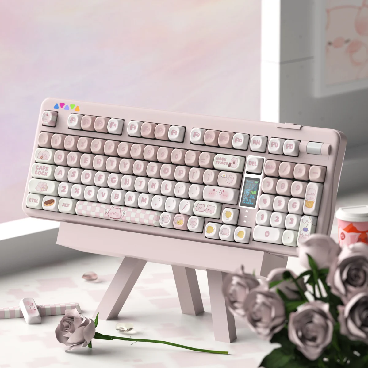 A charming angle of the adorable Greedy Pig PBT dye-sub keycap set, displaying various food-inspired cartoon characters in vibrant, soft colors.