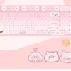 Close-up of adorable Greedy Pig PBT dye-sub keycaps set, showcasing various food-inspired cartoon characters in vibrant, soft colors from multiple angles.