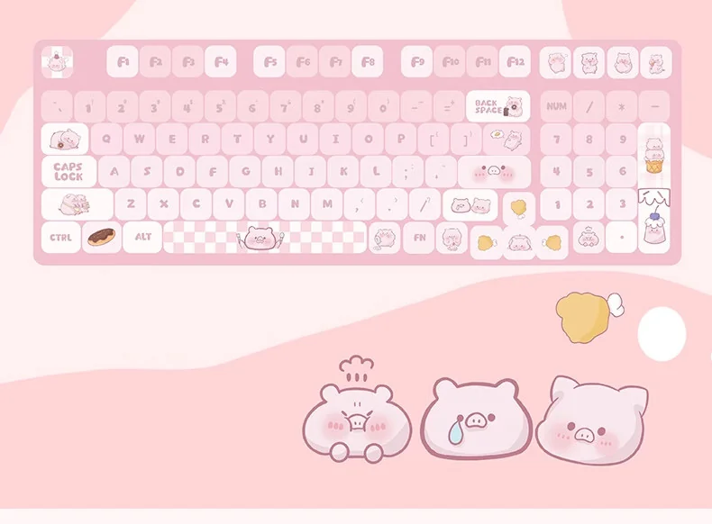 Close-up of adorable Greedy Pig PBT dye-sub keycaps set, showcasing various food-inspired cartoon characters in vibrant, soft colors from multiple angles.