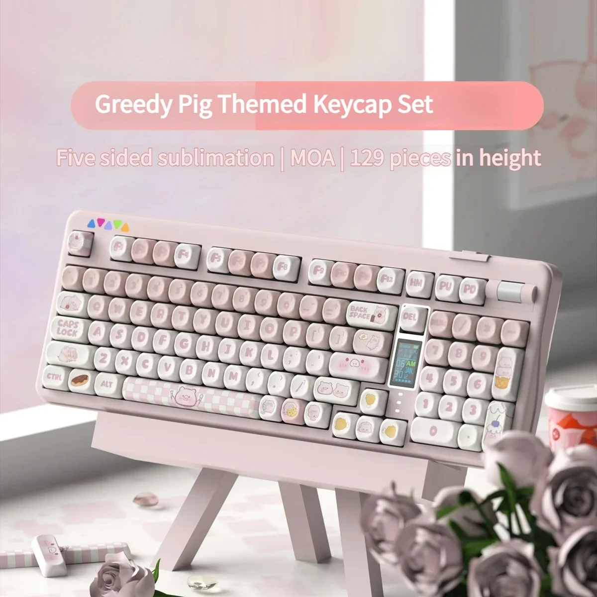 Adorable Greedy Pig PBT keycap set variant image, showcasing playful, food-inspired cartoon characters in vibrant, soft dye-sublimated colors.