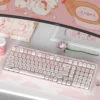 Adorable Greedy Pig PBT dye-sub keycap set featuring playful food-inspired cartoon characters in vibrant, soft colors.