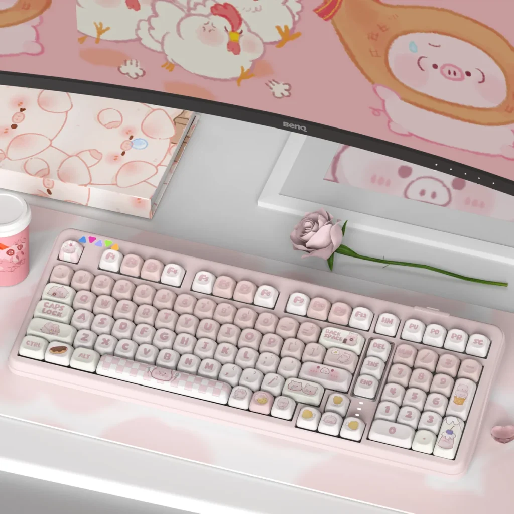Adorable Greedy Pig PBT dye-sub keycap set featuring playful food-inspired cartoon characters in vibrant, soft colors.