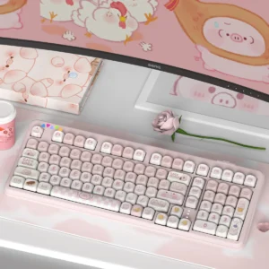 Adorable Greedy Pig PBT dye-sub keycap set featuring playful food-inspired cartoon characters in vibrant, soft colors.