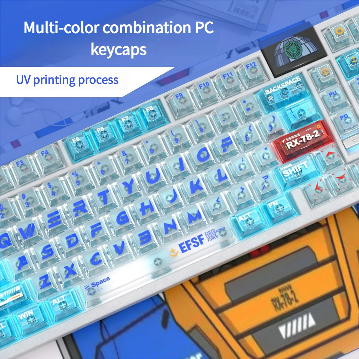 Detailed views of the iconic RX-78-2 Gundam PC transparent keycap set, highlighting its futuristic design, vibrant colors, and sharp UV printed details.