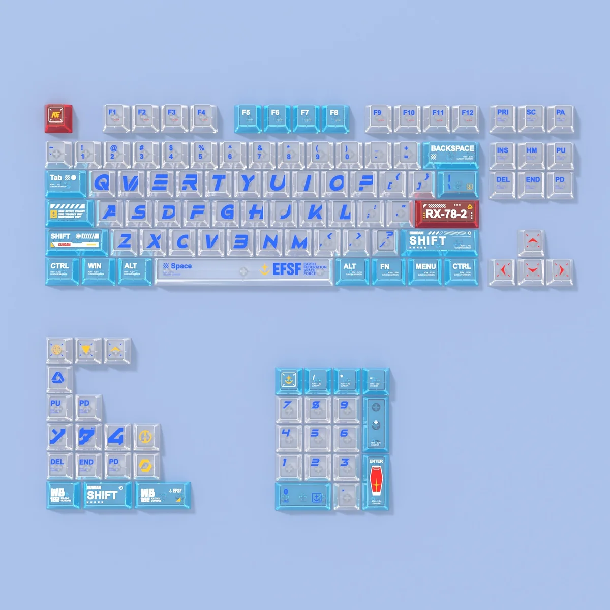 Iconic RX-78-2 Gundam PC transparent keycaps set in a full set, featuring a dynamic color-blocked design with sharp UV prints.