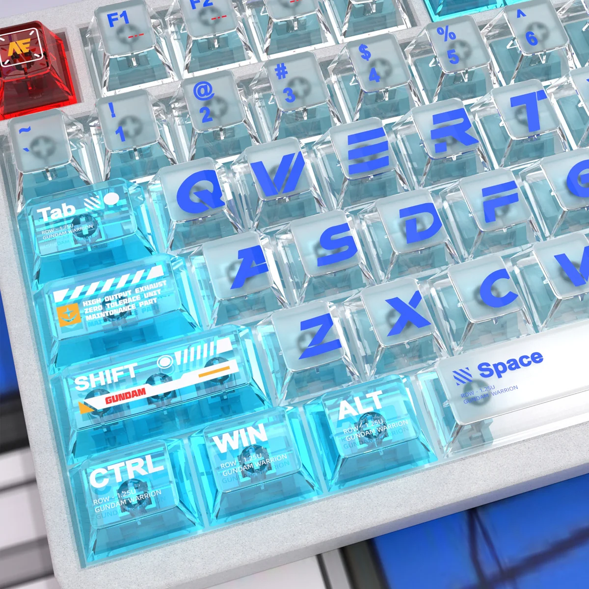 Premium RX-78-2 Gundam PC transparent keycap set, showcased from multiple angles, revealing iconic colors and sharp, futuristic UV prints.