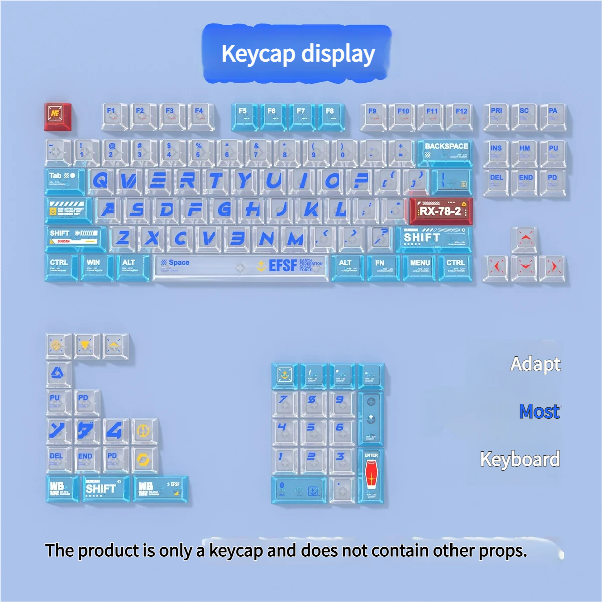 Close-up of premium RX-78-2 Gundam PC transparent keycaps set, highlighting iconic colors and sharp UV prints from various perspectives.