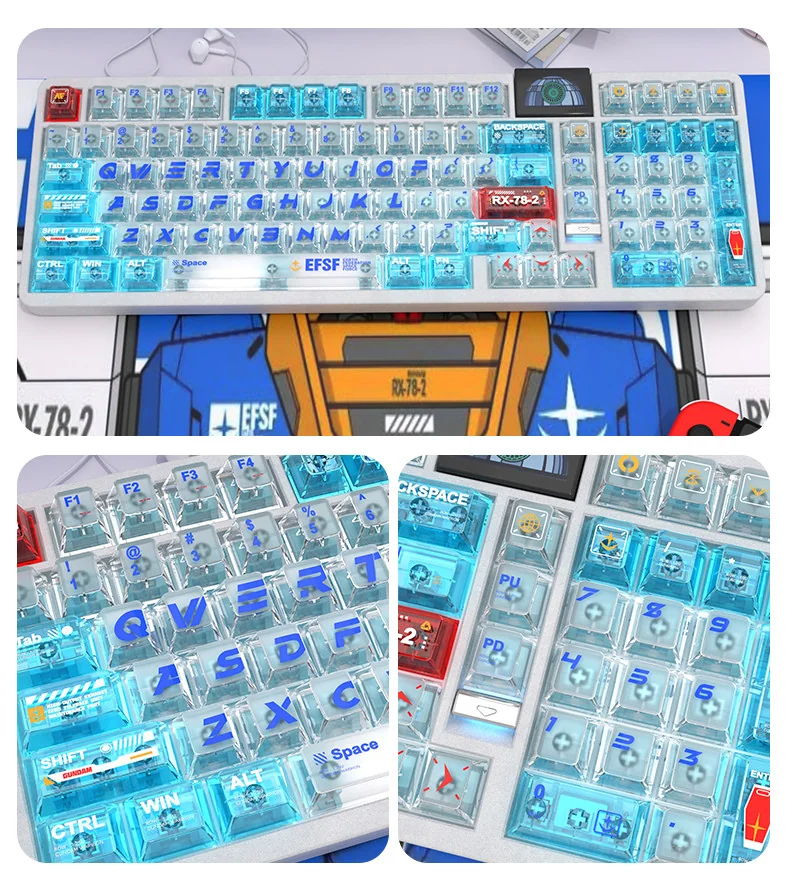 Iconic RX-78-2 Gundam PC transparent keycap set, displaying futuristic clarity and vivid UV printed details from various perspectives.
