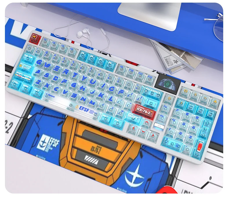 Iconic RX-78-2 Gundam PC transparent keycaps in a full set, featuring a dynamic color-blocked design with sharp UV prints.
