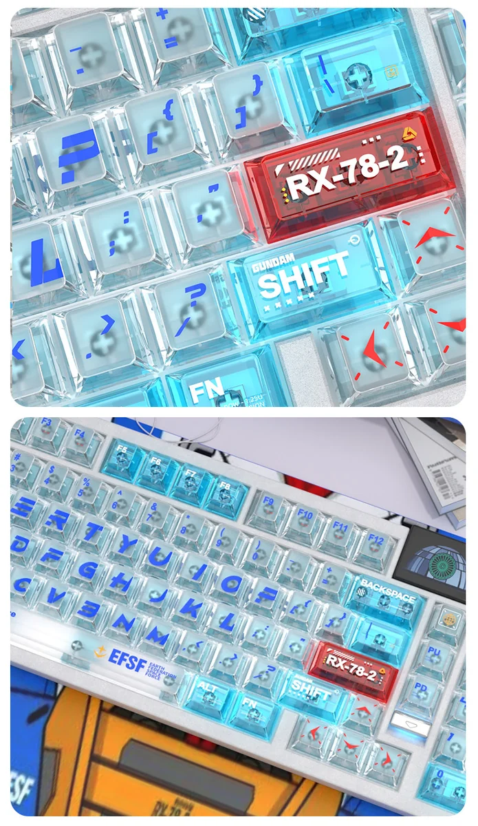 Iconic RX-78-2 Gundam PC transparent keycaps in a full set, featuring a dynamic color-blocked design with sharp UV prints.