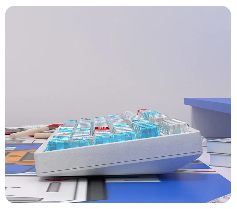 Premium RX-78-2 Gundam PC transparent keycap set, showcased from multiple angles, revealing iconic colors and sharp, futuristic UV prints.