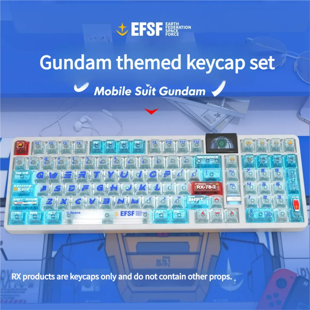 Iconic RX-78-2 Gundam PC transparent keycaps set. Futuristic design with sharp UV prints, highlighting the premium Gundam keycaps.