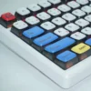 Artistic Gundam Mecha translucent Japanese keycaps set, viewed from multiple angles, revealing intricate Japanese script and a striking sci-fi aesthetics.