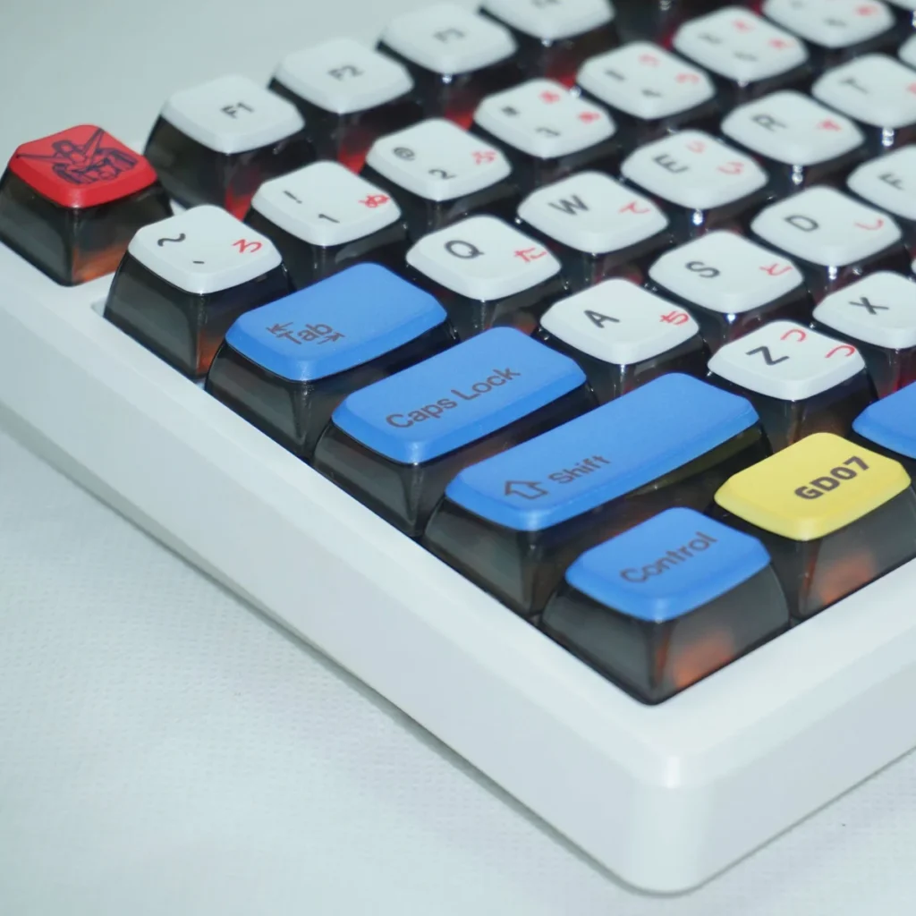 Artistic Gundam Mecha translucent Japanese keycaps set, viewed from multiple angles, revealing intricate Japanese script and a striking sci-fi aesthetics.