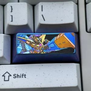 A vibrant anodized Gundam Titanium Keycap, showcasing its intricate mecha design and premium titanium alloy from multiple angles.