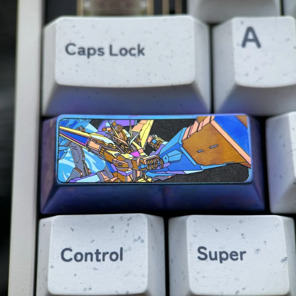 Vibrant anodized 2.25U Gundam Titanium Keycap, crafted from premium titanium alloy, shown from multiple angles, highlighting its mecha aesthetic.