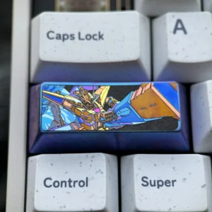 Vibrant anodized 2.25U Gundam Titanium Keycap, crafted from premium titanium alloy, shown from multiple angles, highlighting its mecha aesthetic.