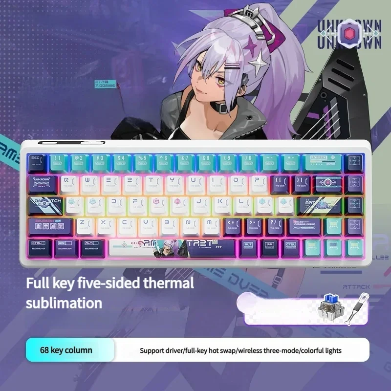 Dynamic gallery views of the Hacker KB02 Tri-Mode Gaming Keyboard, emphasizing its compact, hot-swappable design and vibrant RGB lighting for a premium look.