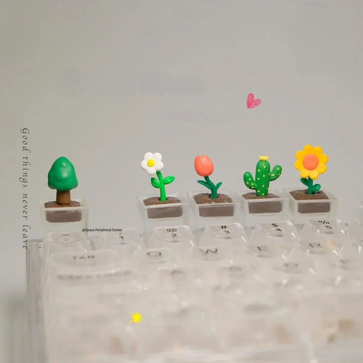 Handcrafted botanical art resin artisan keycaps, shown from various angles. Vibrant real plants encased in shimmering clear resin highlight artistic design.