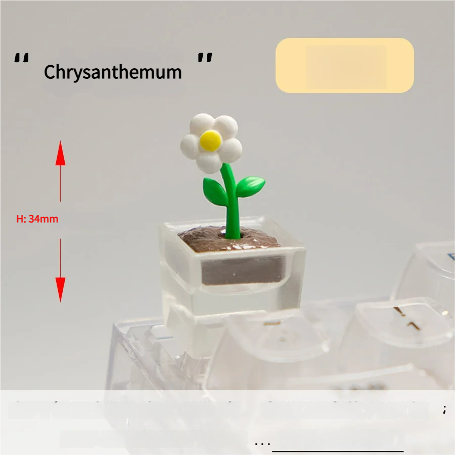 Close-up views of a handcrafted botanical art resin artisan keycap, revealing real tiny plants encased in shimmering clear resin from various angles.