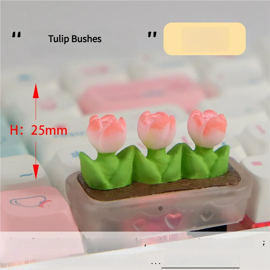 Handcrafted resin artisan keycap featuring a vibrant tulip bush encased in clear resin, specifically sized for a 2U Delete key.