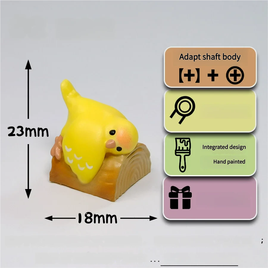 Close-up of a whimsical handcrafted 3D artisan Parrot Hugging Stump keycap, showcasing the vibrant parrot perched on a tiny wooden stump with a delicate peony.