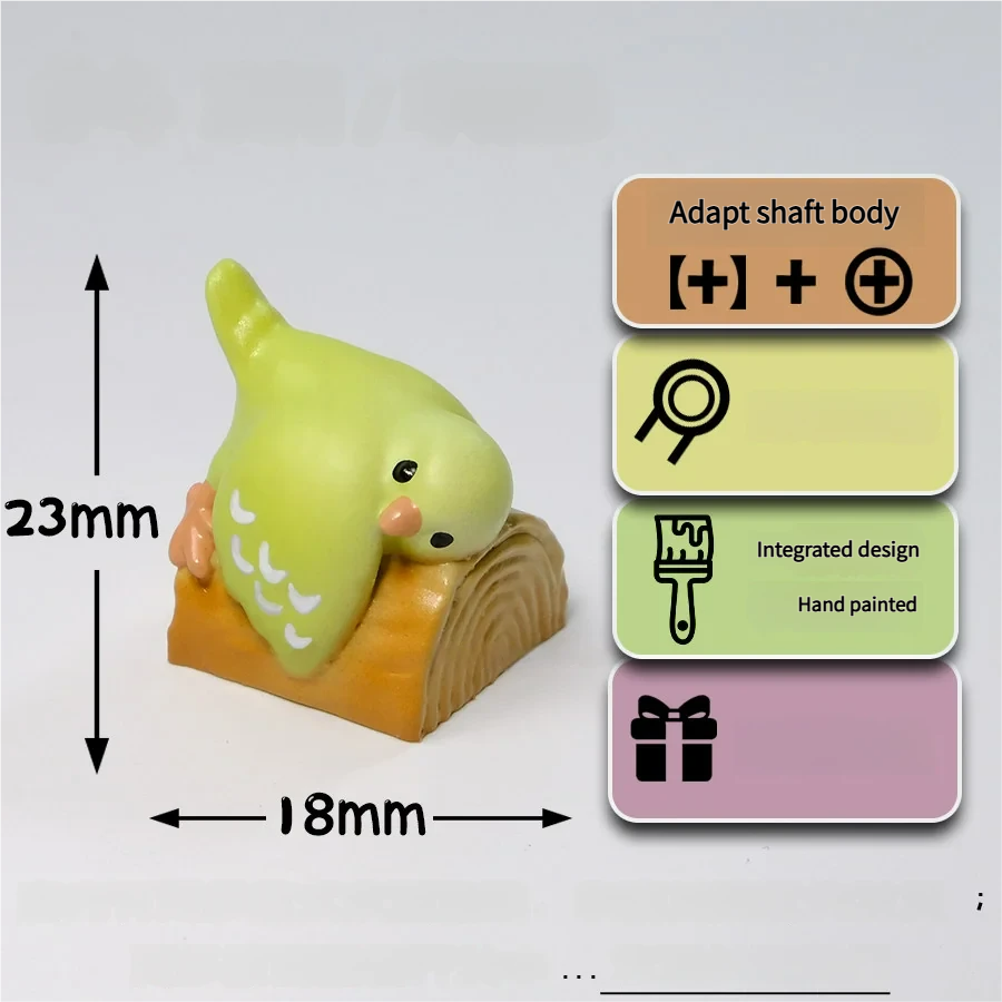 Whimsical handcrafted 3D artisan Parrot Hugging Stump featuring a vibrant green parrot perched on a wooden stump, delicately holding a wooden peony.