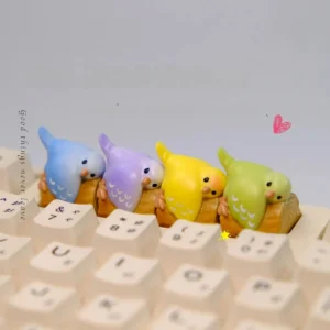 Whimsical Handcrafted 3D Artisan Parrot Hugging Stump Keycap, featuring a vibrant parrot on a wooden stump with a pink peony. A playful, unique keyboard accent.