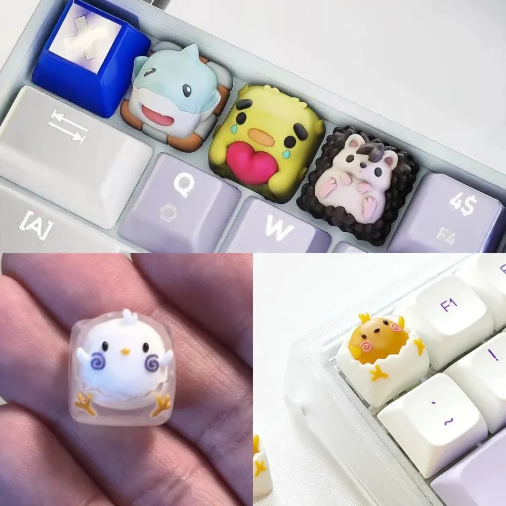 Close-up of a whimsical handcrafted resin animal artisan keycap, vibrant and detailed, showcasing its playful charm and artistic quality.