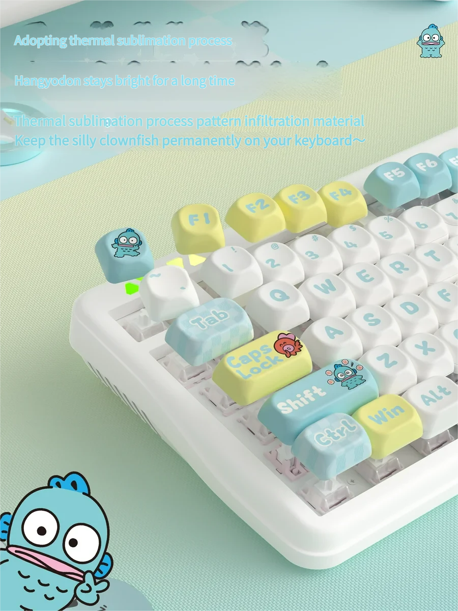 Exclusive Hangyodon Clownfish PBT keycaps set, playfully angled to reveal vibrant oceanic hues and detailed character art for your custom keyboard.