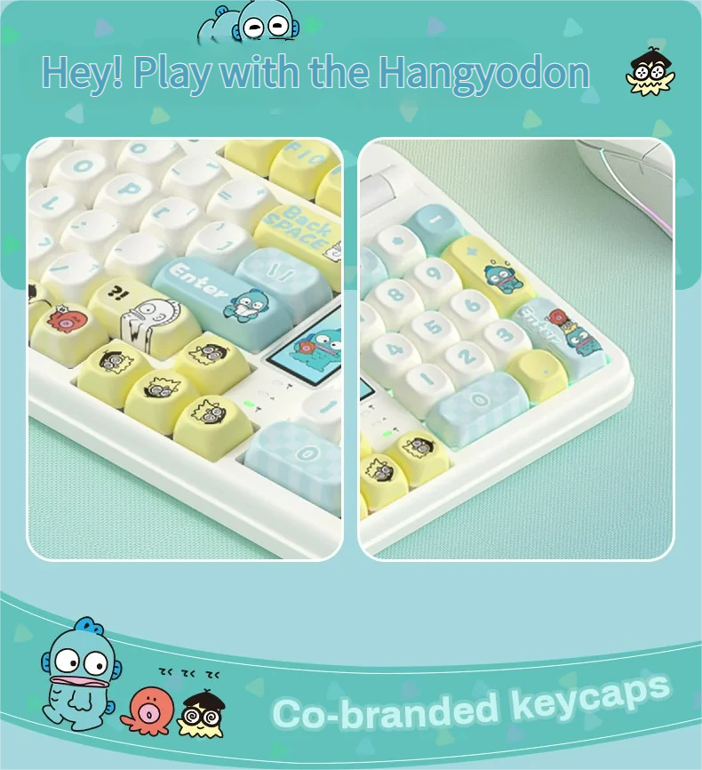 Exclusive Hangyodon Clownfish PBT keycaps set displayed from various playful angles, highlighting vibrant oceanic designs and unique character details design.