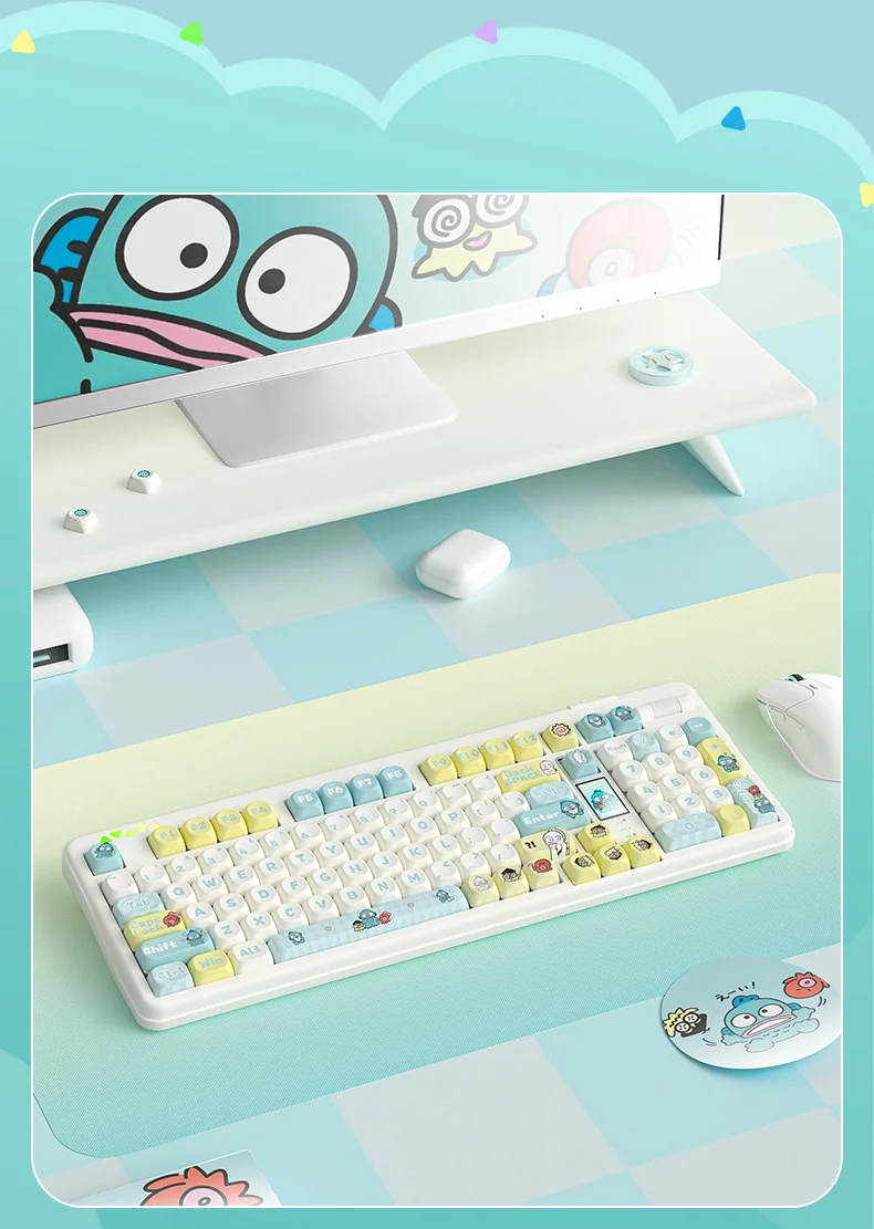 Exclusive Hangyodon Clownfish PBT keycaps set displayed from various playful angles, highlighting vibrant oceanic designs and unique character details design.