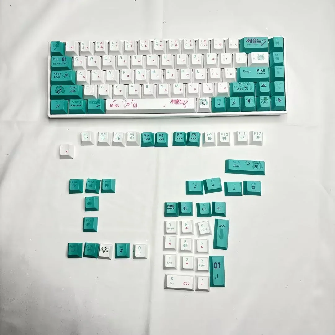 Hatsune Miku keycaps set product gallery, showcasing the radiant 4-sided translucent design and vibrant light-diffusing effects from various artistic angles.
