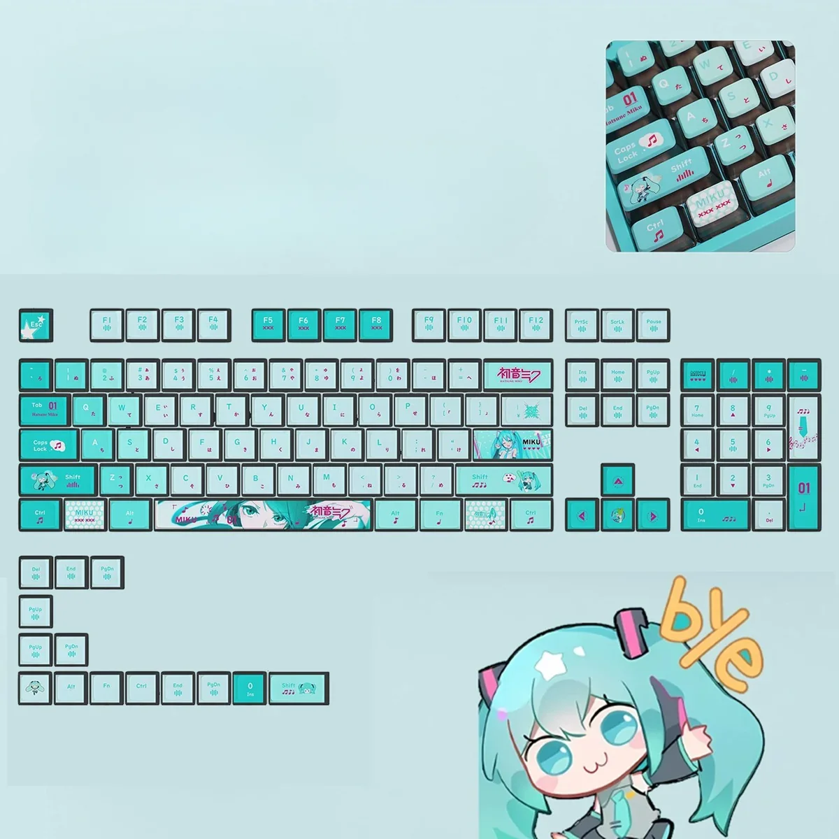 Captivating Hatsune Miku keycaps set gallery, revealing the radiant 4-sided translucent design and vibrant light-diffusing effects from various artistic angles.